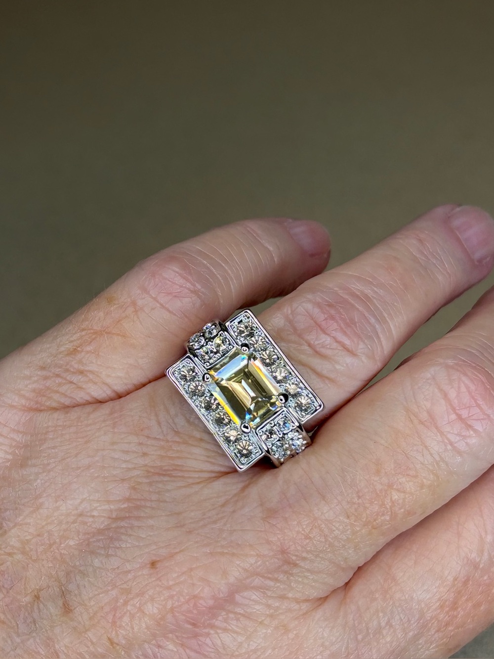 Camille Lucie Art Deco Style Emerald Cut Pale Yellow Crystal Statement Ring